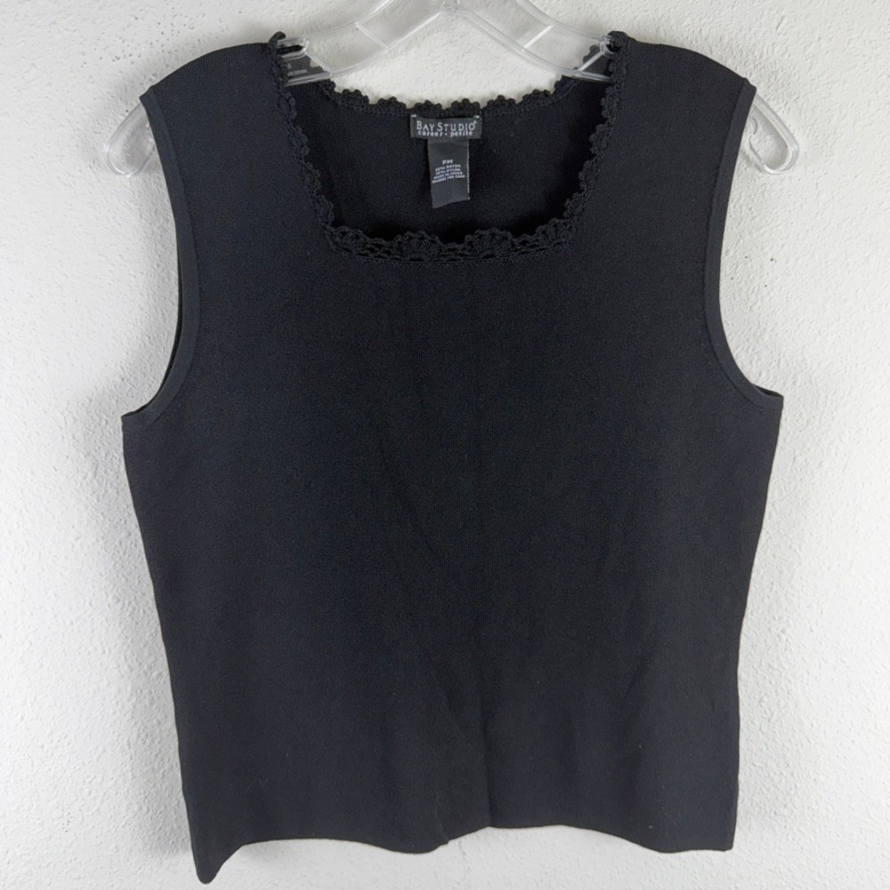 Bay Studio Knit Top PM Black Crochet Trim Officecore Vintage Minimalist y2k